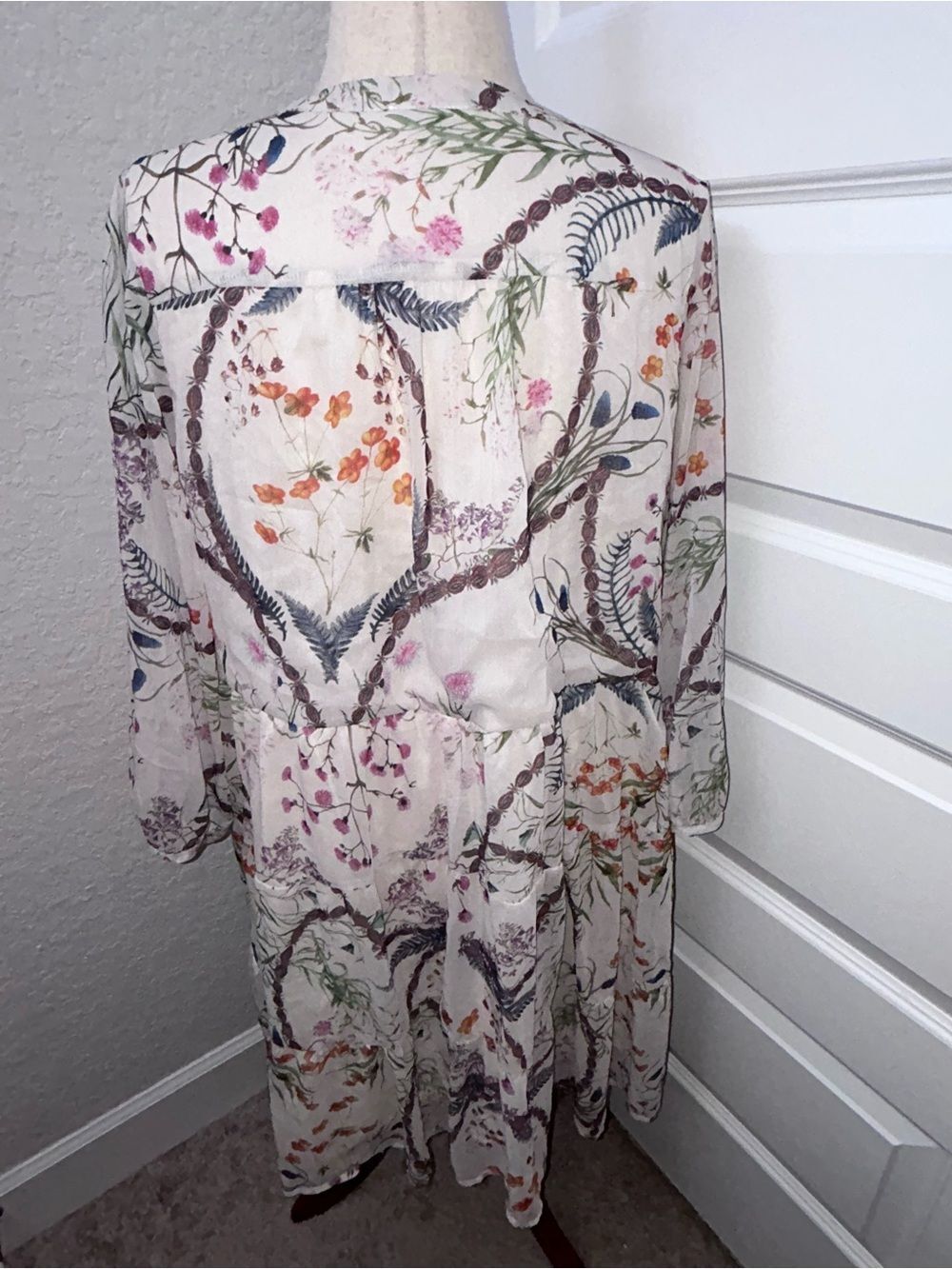 New, FAIRHOPE Floral Feather Print Ruffle Tier Tunic Cottage Long Sleeve Dress - Picture 3 of 12